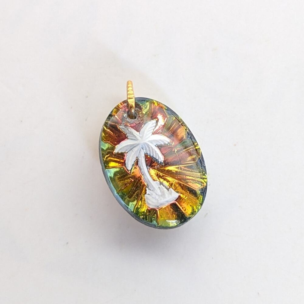 Vintage Carnival Iridescent Intaglio Glass Carved Palm Tree Vacation Pendant